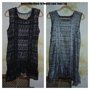 Reversible Black to Pewter STRETCH Floral Lace SLEEVELESS TUNIC Tank TOP SHEER